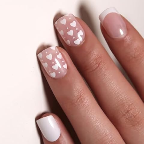 Diduikalor White Small Heart Design Short Press On Nails French Valentine's Day Square Fake Nails,cute False Nails With Glue Acrylic Nails Full Cover Stick On Nails For Women(24 PCS) Cover