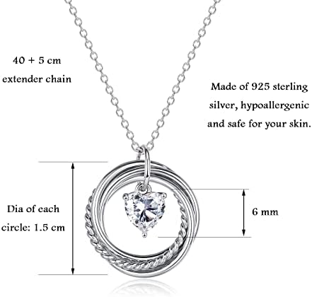 30th / 40th / 50th / 60th / 70th / 80th Birthday Gifts for Women, Sterling Silver 3 Ring Necklace with Heart Cubic Zirconia pendant Necklace for Her Friendship Gifts Birthday Jewellery