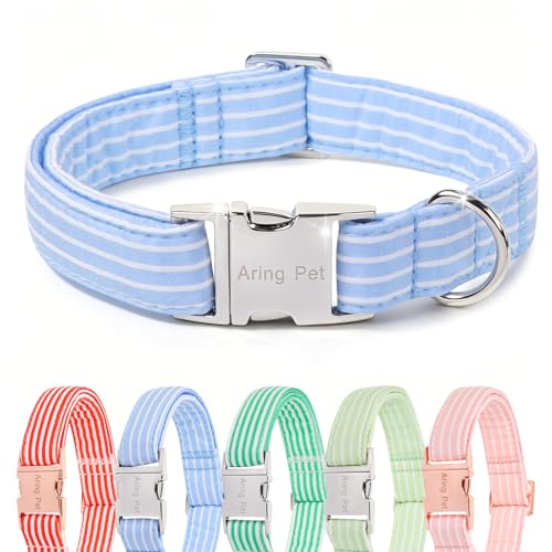 Image of ARING PET Boy Dog Collar for Puppy Small Medium Large Dogs-Blue Stripe L | Cute Male Heavy Duty Pet Collars with Metal Buckle for XS S M L XL Dogs, for City Seaside Walk Coffee Shop Pool Party Stroll
