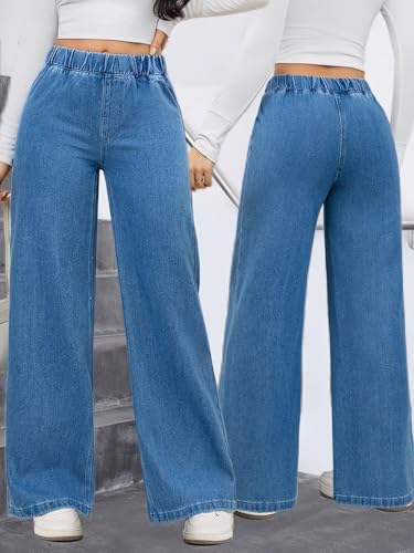 Image of ADBUCKS Women's Stretch Denim Wide Leg Jeans Comfort Fit with Elastic Waistband, Straight Cut, Casual Style for All Seasons, Versatile Clothing