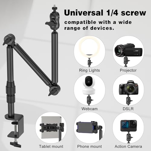 Overhead Camera Mount for Desk, 30.9" Foldable Camera Desk Mount Stand with 1/4" Screws, 360° Rotation 3-Sections Tabletop Holder with C-Clamp for DSLR, Digicam, Webcam, Mini Projector, Microphone by JUBOR - Image 6