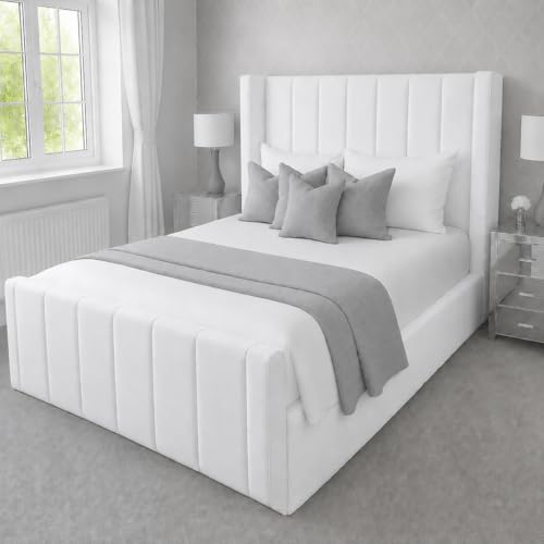 Image of Bed Craft Upholstered Panel Bed Frame Plush Velvet | UK Made | Double/King/Super King Sizes | Optional Gas Lift Storage & Mattress (White Plush, King 5ft Bed Frame)