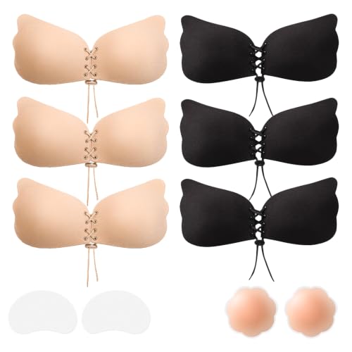 LLIMRNT Winged Push Up Sticky Bra for Women 2 Pack Invisible Adhesive Strapless Backless Bra with Drawstring Lift Skin-Friendly Silicone Cups Reusabl Party Wedding Everyday