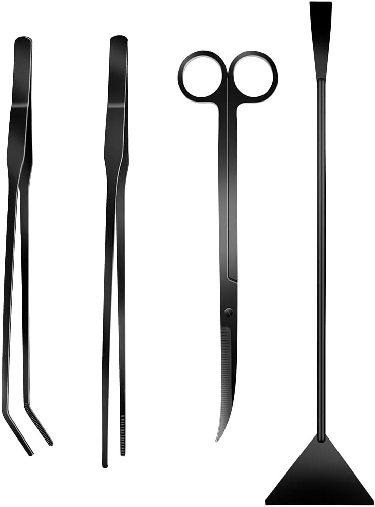 PAFOWO 4Pcs Aquascaping Tools Kit, Long Stainless Steel Aquarium Plant Tools with Black Anti-Rust Coating, Aquarium Tweezers, Scissors, and Scrapers for Aquascaping Cleaning（Free Magnetic Tool Holder）