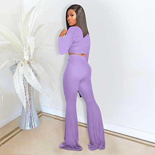 Two Piece Outfits for Women Sexy Crop Top + Flared Long Pants Sweat Suits Ribbed Fitted Tracksuits Yoga Set4