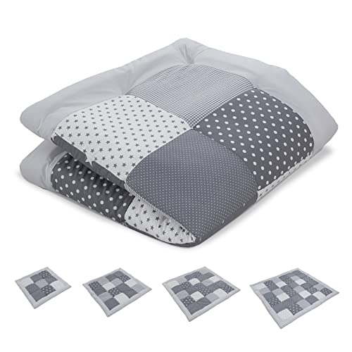 ULLENBOOM ® Tapis d’Éveil et Matelas pour Parc Bébé Étoiles Grises (100x100 cm Tapis sol bébé patchwork, Motifs pois et vichy)