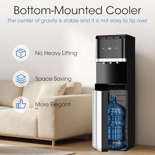 Image of Tehanld Bottom Loading Water Cooler Dispenser for 5 Gallon Bottles,Stainless Steel Water Cooler with 3 Temperature -Hot, Cold & Room,Child Safety Lock,Ideal for Home and Office, Mat Black