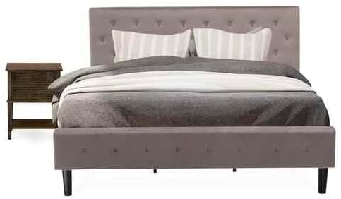 HomeStock Zen Zone 2 Piece Bedroom Set - Button Tufted Platform Bed - Velvet Fabric Upholstered Headboard and A Nightstand King/Distressed Jacobean/Brown Taupe