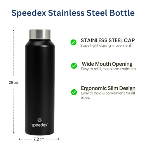 Image of Speedex Stainless Steel Water Bottle 1 Ltr, Leak Proof Screw Cap, BIS Approved 1000 ml Metal Bottle For Daily, Office, School, Gym, Travel Use for Men, Women, Kids, Adults, Black, Set of 1