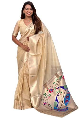 Image of SGF11 Women's Organza Kanjivaram Pure Soft Silk Handloom Saree Pure Golden Zari With Blouse Piece