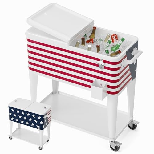 Image of VINGLI Rolling Ice Chest, Portable Patio Party Bar Drink Cooler Cart, with Shelf, Beverage Pool with Bottle Opener