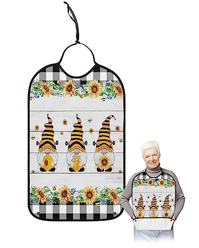 Sunflower Gnomes Adult Bibs for Eating, Waterproof Bibs with Food Catcher & Adjustable Snap Closure, Black White Plaid Farmhouse Bee Wood Washable Clothing Protectors Adult Bibs for Elderly Women/Men
