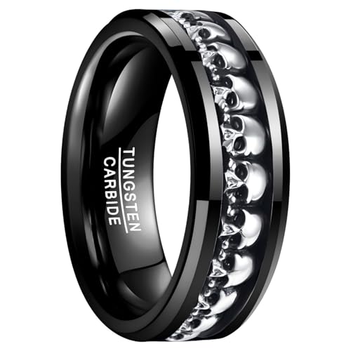 NUNCAD Personalized Mens Rings Sterling Silver Skull Inlay Black/Silver Tungsten Carbide Band 8mm Gothic Demon Skeleton Engraved Band Viking Jewelry Gift Comfort Fit Size 8-13