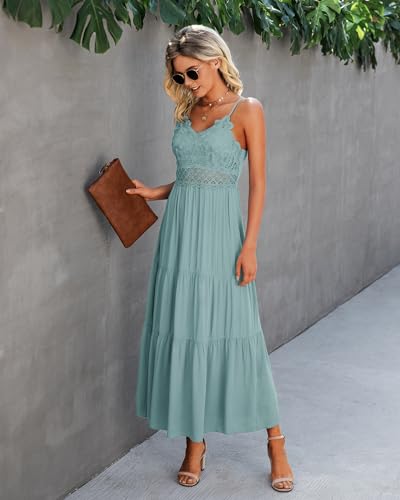 Image of Dokuritu Women's Beach Crochet Lace Maxi Dress Solid Color Summer Vacation Wedding Guest Spaghetti Strap Long Dress