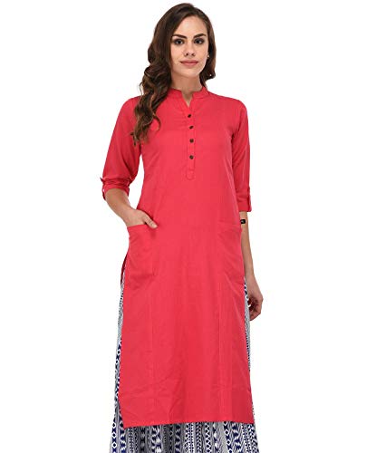 Image of Pistaa's Women's Cotton Relaxed Fit Straight Solid Kurta With Two Patch Pockets