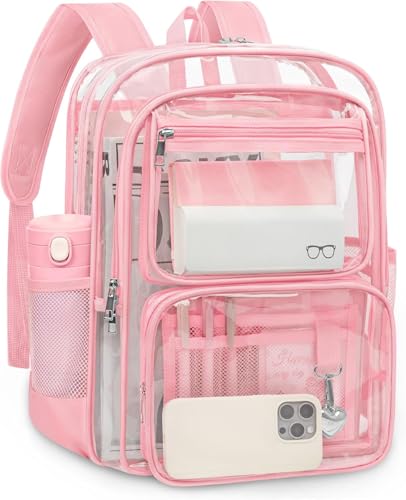 Attmu Clear Backpack for School Large Heavy Duty Clear Bookbag with Luggage Strap & Stitches for Girls Boys (Peach Pink)