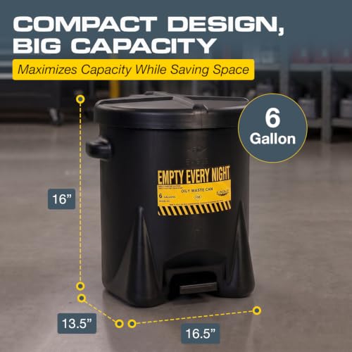 Image of Eagle Oily Waste Can, Self-Closing Lid, 6 Gallon, Made in the USA, Black | High-Density Polyethylene Construction, Leakproof Design, Hands-Free Operation, OSHA, FM, NFPA Compliant
