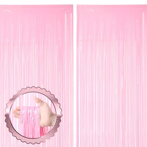 Image of Voircoloria 2 Pack Pastel Pink Tinsel Foil Fringe Curtains, Pink Party Decorations, Metallic Tinsel Party Streamers Backdrop for Birthday Baby Shower Graduation Wedding Gender Reveal Party Decorations