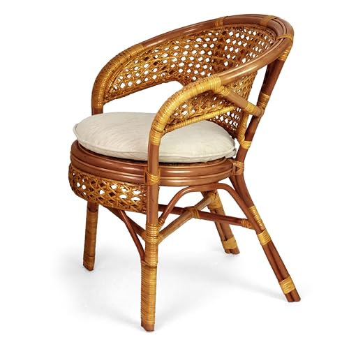 Set of 2 Pelangi Handmade Rattan Dining Wicker Chairs Colonial Color w/Cream Cushion