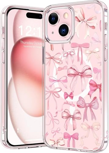 Houdqklee for iPhone 15 Pro Case, Cute Kawaii Magnetic Pink Bow Case Compatible with MagSafe, Wireless Clear Soft Slim Aesthetic Phone Case Protective Cover for Women Girls - image 1