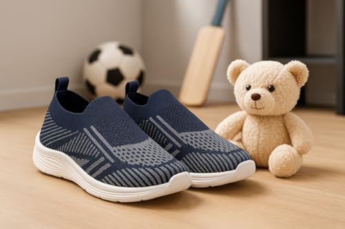 Image of Kids Navy Blue Knit Slip-On Sneakers for Boys | Lightweight Breathable Casual Walking Shoes with Geometric Pattern & Cushioned Sole