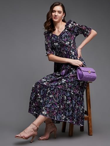 Image of Miss Chase Women's Multicolored-Base-Brown Relaxed Fit Maxi Lurex Chiffon Dress