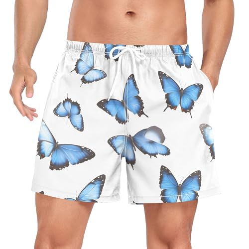 xigua Blue Butterflies Mens Swim Trunks with Liner, 5 inch Quick Dry Mens Boardshorts for Beach