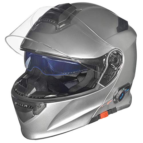 ?Bluetooth Klapphelm Motorradhelm Conzept Jethelm Crosshem Integralhelm Sonnenvisier Helm rueger?, Farbe:Titanium Grey, Größe:M (57-58)