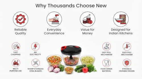 Image of Manual Vegetable Chopper Hand Push Food Processor with Stainless Blades (Black Blue, 500 Milliliters)