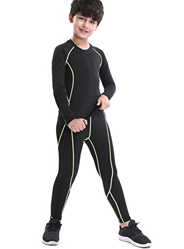 Niños & Niña Set de Ropa Térmica Compresión Camiseta De Manga Larga+Pantalones Leggings Gimnasio Aptitud Ropa Interior Conjuntos Suave y Transpirable (Línea Verde 140) Cover