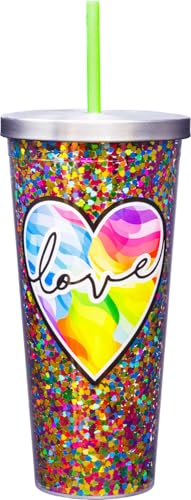 Spoontiques Love Glitter Cup Tumbler with Stainless Steel Lid and Straw - 20 oz - Acrylic - Multicolored