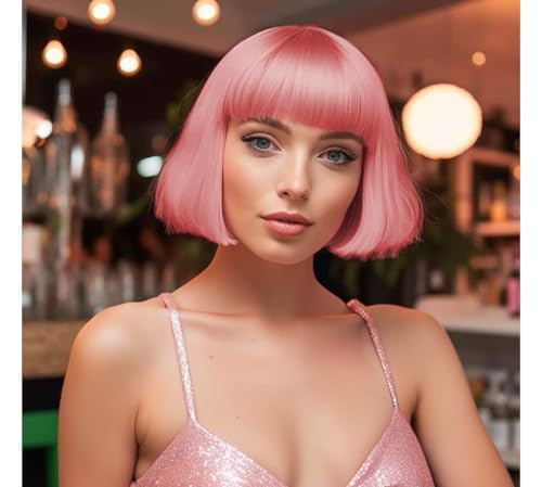 Image of LIULIUBTY Short Bob Hair Wigs Straight with Flat Bangs Synthetic Colorful Cosplay Daily Party Neon Wig for Women + Free Wig Cap 12 inch Natural As Real (Dusty Rose Pink)