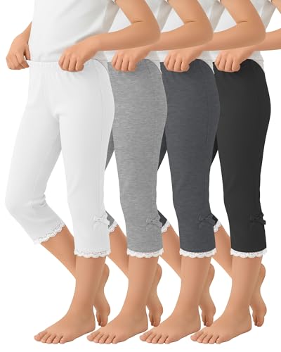 JoyMotion 4 Pcs Girls Capri Leggings Slim Fit High Elastic Waist Cropped Soft Ankle Pants Cute Bow Tie Lace Trim School 5-14Y(9-10 Years Black Dark Heather Gray Light Heather Gray White)