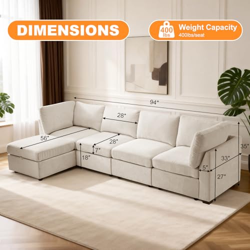 Image of TEKAMON 122 inch L Shaped Modern Sofa Modular Sectional Couch with Ottoman, 5-Seat Chenille Deep Seat Sofa for Living Room, Bedroom and Apartment, Beige