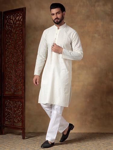 Image of Men's Solid Regular Fit Ethnic Wear White Kurta Pajama Set with Front Pocket
