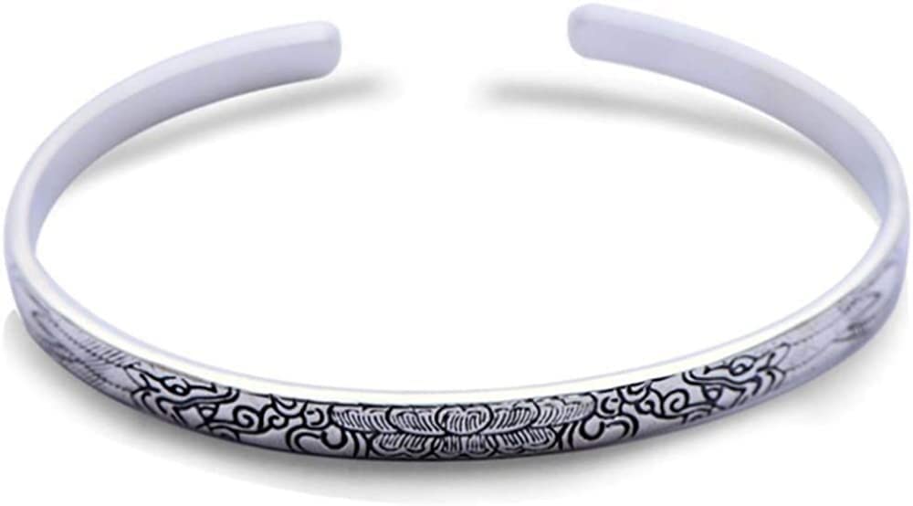 Bracciale Personalizzato, Gioielli da Donna in Stile retrò Cinese in Argento Sterling 925 con Incisione a Fiori Bracciale a Polsino Aperto