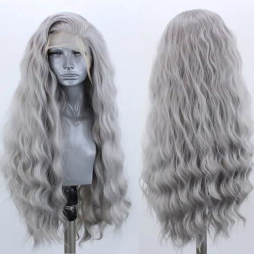 ELESTY Long Wavy Grey Hair Synthetic Lace Front Wig for Women Pree Part Loose Curly Glueless Lace Wig Natural Looking Heat Resistant Fiber Synthetic Lace Wig for Daily Cosplay Use