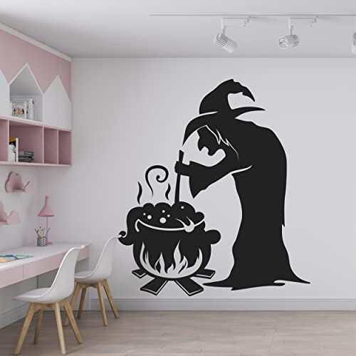 A Top Design Halloween Wall Decals Vinyl Sticker With Mural Witch And Witch's Cauldron At The Stake - Halloween Wall Decorations - Giant Witch Wall Decal For Home Halloween Decor 7X8 Inches Inches #TOP23