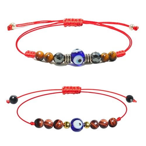 Triple Protection Bracelet for Men & Women，Tiger Eye & Black Obsidian as Evil Eye Jewelry for Ankle Red String Bracelets