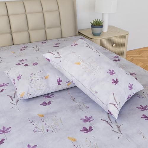 Image of LINENWALAS 100% Cotton Fitted Bed Sheet for Super King Size Bed, Printed All Around Elastic Bedsheet (78 x 78 Inches) with 2 Pillow Covers | 210 TC Soft Breathable, Luxury Bedsheet (Haze of Lavendor)