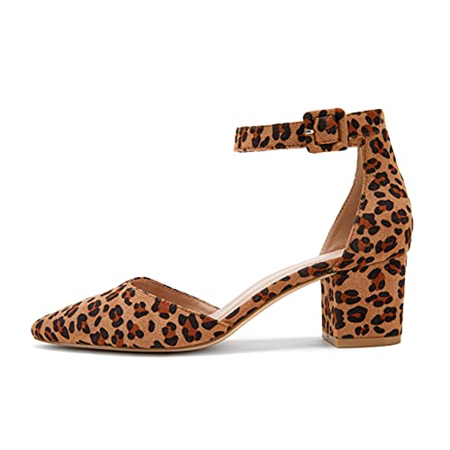 Fisace Womens Low Mid Square Heel Ankle Strap Sandal Office Ladies Pointed Toe Pumps Shoes Leopard Suede #TOP1