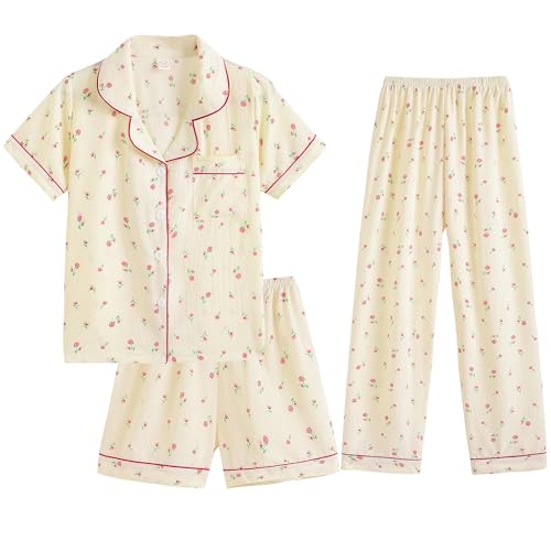 Image of Hupohoi Big Girls Button Down Pajama Set 3pcs Short Sleeve Long Pants with Shorts Crepe Wrinkled Fabric Sleepwear Nighty