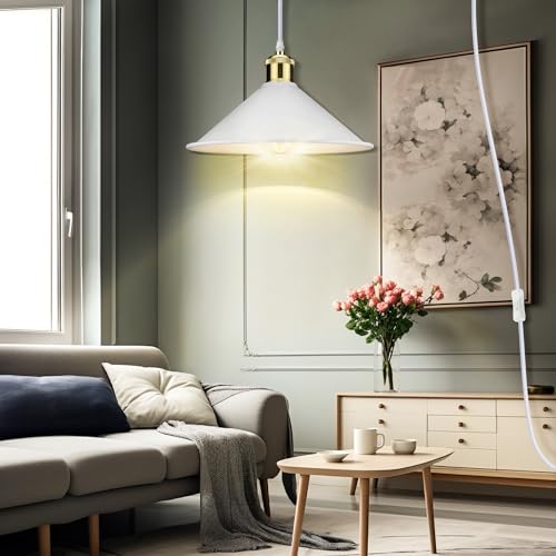 Image of Big White Plug in Pendant Light, Modern Hanging Light with Plug in Cord | Hanging Lamp, Pendant Lamp, Vintage Pendant Light with Plug in Cord, Industrial Pendant Light Fixture for Kitchen Dining Room