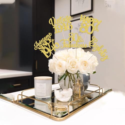 Image of 15 PCS 80th Birthday Centerpiece Sticks Double Sided Eighty Happy 80th Vintage 1946 Table Flower Centerpieces Sticks Cheers to 80 Fabulous Floral Decorations for 80th Birthday Party Supplies Gold