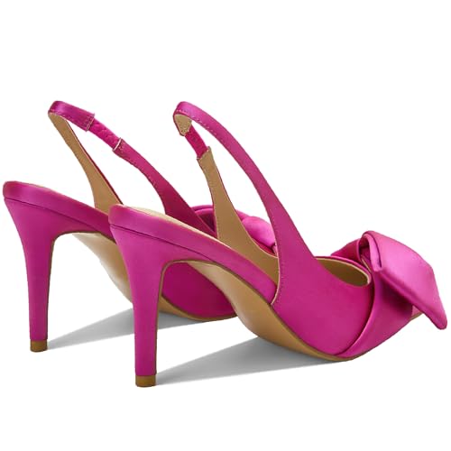 Image of Women's Slingback Heels with Bow Pointed Toe Pumps with Elasticated Strap 3.3 inch High Heels for Evening Dress Shoes