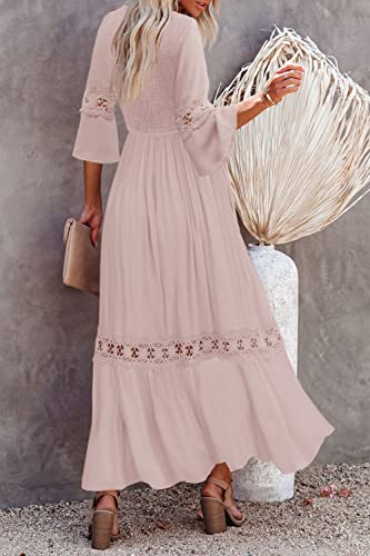 Ferlema Women's Fall Maxi Dress Casual 3/4 Sleeve Boho Dress High Waist Smocked Flowy Long Beach Dresses Pink Large #TOP3