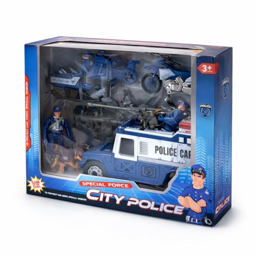 Liberty Imports 8 PCS Police Rescue Patrol Toy Vehicles and Figures Playset - Helicopter, SWAT Truck, Motorcycle, Action Figures, K-9, Weapons, and Accessories for Kids Imaginative Pretend Play