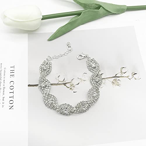 4 PCS Rhinestone Stretch Bracelets for Women Bling Bikini Competition Jewelry Silver Bridal Sparkly Wedding Strand Tennis Bracelet Set4