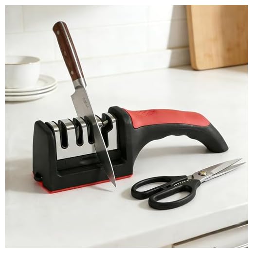 Knife Sharpener, Handheld 4-Stage Kitchen Knife Sharpener, Multifunctional Tungsten Steel Sharpening Tool for Knives and Scissors, Quick Sharpening神器, Home Use, Black and Red