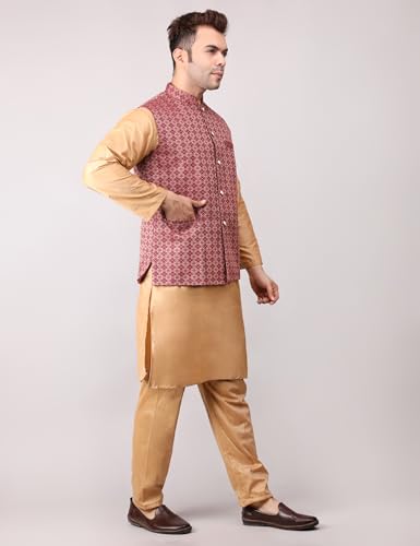 Image of Men's Cotton Silk Blend Regular Kurta Pyjama, Embroidered Nehru Jacket /Waistcoat Set